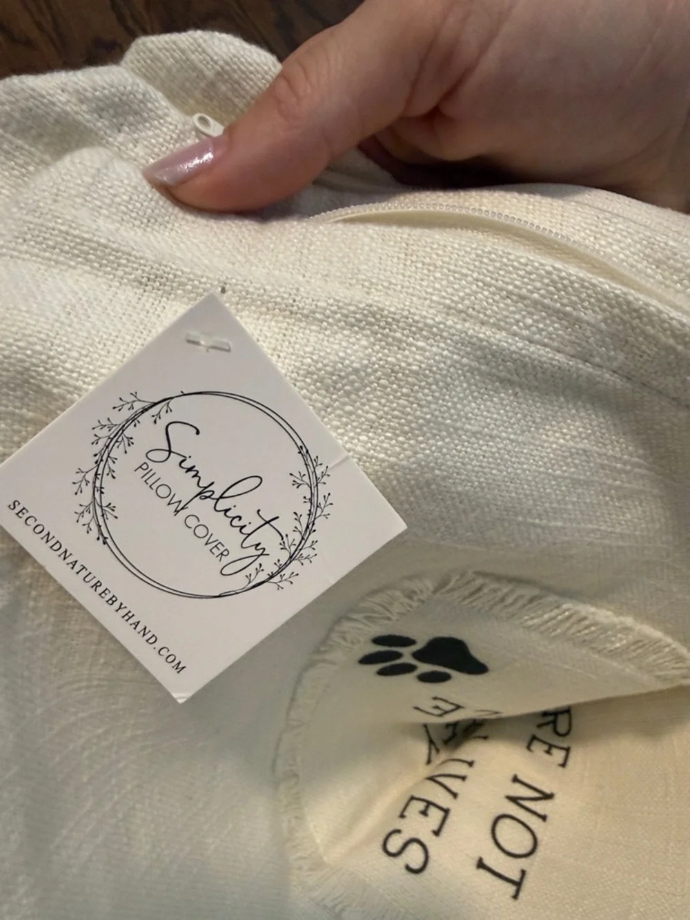 Simplicity Cream Dog Quote Pillow Cover with Red Script and Black Paw